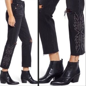 Levi's 501 Canyon Jeans Womens 26 Crop Embellished Black Buttonfly Rivet Baddie